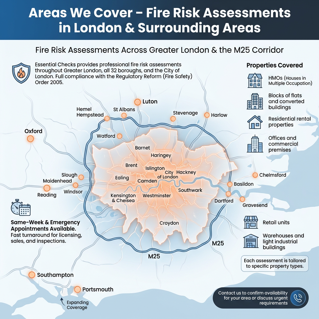 Fire risk assessment coverage map showing London and surrounding areas including Oxford, Reading, Luton, and other major cities